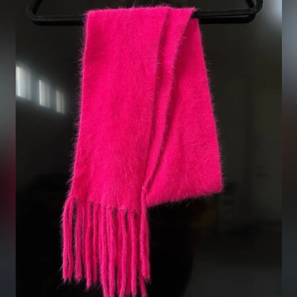 Unbranded Hot Pink Fuchsia Angora Blend Scarf With Fringe Hem